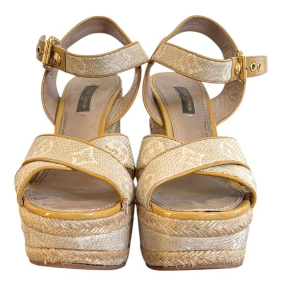 AUTHENTIC VTG. Y2K LOUIS VUITTON‎ LV CANVAS LOGO PLATFORM WEDGE SANDALS 5.5-6/36 - Picture 5 of 8